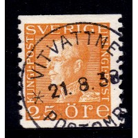 F.184, 25 öre Gustaf V profil vänster, VITVATTNET POSTOMB 21-8-38 [BD/NB]