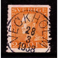 F.184, 25 öre Gustaf V profil vänster, VECKHOLM 28-3-38 [C/U], praktstämplat