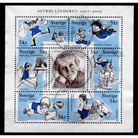 F.2292-2298BL, 5 kr Astrid Lindgren, stämplat block