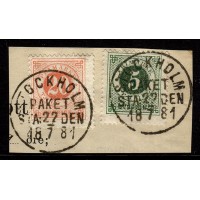 F.30+33, 5+20 öre Circle type perf.13, STOCKHOLM 22-7-81, piece